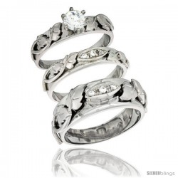 Sterling Silver Cubic Zirconia Trio Engagement Wedding Ring Set for Him & Her, men's band 5/16 in wide, L 5 - 10 & M 8 - 14