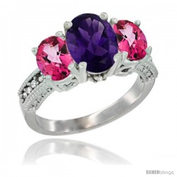 10K White Gold Ladies Natural Amethyst Oval 3 Stone Ring with Pink Topaz Sides Diamond Accent