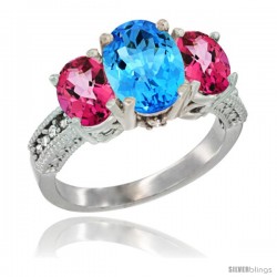 10K White Gold Ladies Natural Swiss Blue Topaz Oval 3 Stone Ring with Pink Topaz Sides Diamond Accent