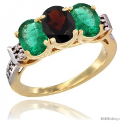 10K Yellow Gold Natural Garnet & Emerald Sides Ring 3-Stone Oval 7x5 mm Diamond Accent