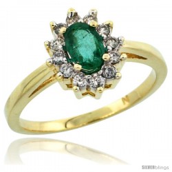 10k Yellow Gold Emerald Diamond Halo Ring Oval Shape 1.2 Carat 6X4 mm, 1/2 in wide