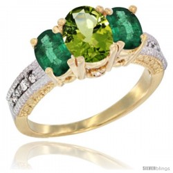 10K Yellow Gold Ladies Oval Natural Peridot 3-Stone Ring with Emerald Sides Diamond Accent