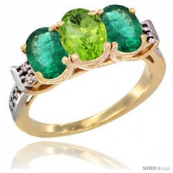 10K Yellow Gold Natural Peridot & Emerald Sides Ring 3-Stone Oval 7x5 mm Diamond Accent