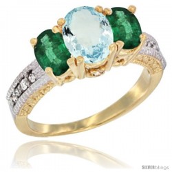 10K Yellow Gold Ladies Oval Natural Aquamarine 3-Stone Ring with Emerald Sides Diamond Accent