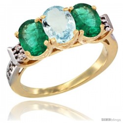 10K Yellow Gold Natural Aquamarine & Emerald Sides Ring 3-Stone Oval 7x5 mm Diamond Accent