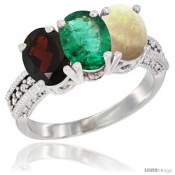 14K White Gold Natural Garnet, Emerald & Opal Ring 3-Stone 7x5 mm Oval Diamond Accent