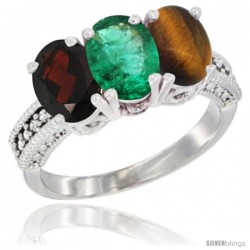 14K White Gold Natural Garnet, Emerald & Tiger Eye Ring 3-Stone 7x5 mm Oval Diamond Accent