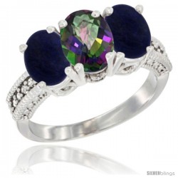 14K White Gold Natural Mystic Topaz Ring with Lapis 3-Stone 7x5 mm Oval Diamond Accent