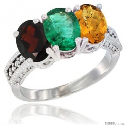 14K White Gold Natural Garnet, Emerald & Whisky Quartz Ring 3-Stone 7x5 mm Oval Diamond Accent