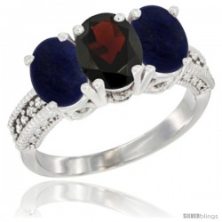 14K White Gold Natural Garnet Ring with Lapis 3-Stone 7x5 mm Oval Diamond Accent