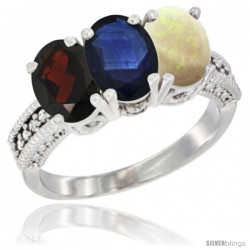 10K White Gold Natural Garnet, Blue Sapphire & Opal Ring 3-Stone Oval 7x5 mm Diamond Accent