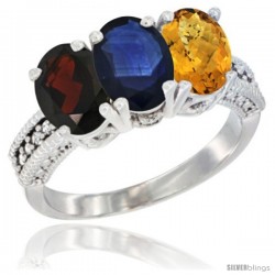 10K White Gold Natural Garnet, Blue Sapphire & Whisky Quartz Ring 3-Stone Oval 7x5 mm Diamond Accent