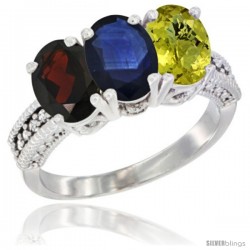 10K White Gold Natural Garnet, Blue Sapphire & Lemon Quartz Ring 3-Stone Oval 7x5 mm Diamond Accent