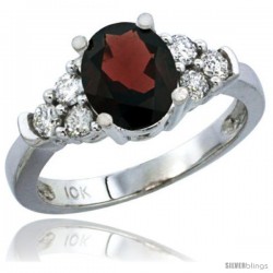 10K White Gold Natural Garnet Ring Oval 9x7 Stone Diamond Accent