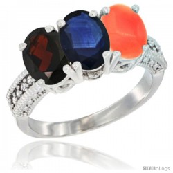 10K White Gold Natural Garnet, Blue Sapphire & Coral Ring 3-Stone Oval 7x5 mm Diamond Accent