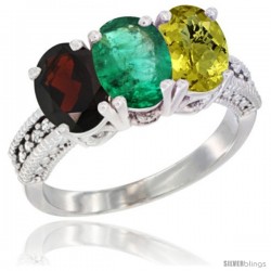 14K White Gold Natural Garnet, Emerald & Lemon Quartz Ring 3-Stone 7x5 mm Oval Diamond Accent