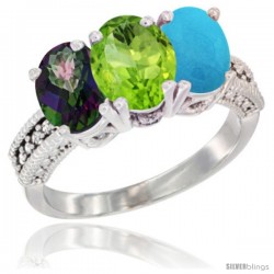 14K White Gold Natural Mystic Topaz, Peridot & Turquoise Ring 3-Stone 7x5 mm Oval Diamond Accent