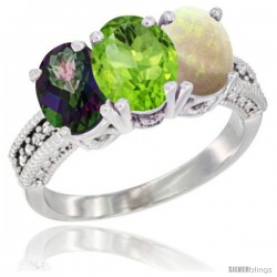 14K White Gold Natural Mystic Topaz, Peridot & Opal Ring 3-Stone 7x5 mm Oval Diamond Accent