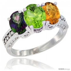 14K White Gold Natural Mystic Topaz, Peridot & Whisky Quartz Ring 3-Stone 7x5 mm Oval Diamond Accent