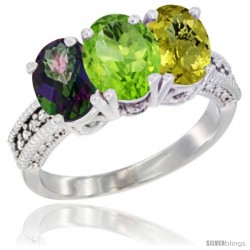 14K White Gold Natural Mystic Topaz, Peridot & Lemon Quartz Ring 3-Stone 7x5 mm Oval Diamond Accent