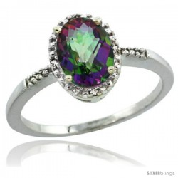 14k White Gold Diamond Mystic Topaz Ring 1.17 ct Oval Stone 8x6 mm, 3/8 in wide