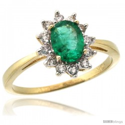 10k Yellow Gold Diamond Halo Emerald Ring 0.85 ct Oval Stone 7x5 mm, 1/2 in wide