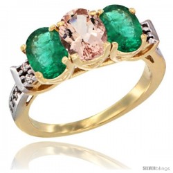 10K Yellow Gold Natural Morganite & Emerald Sides Ring 3-Stone Oval 7x5 mm Diamond Accent