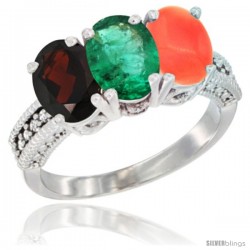 14K White Gold Natural Garnet, Emerald & Coral Ring 3-Stone 7x5 mm Oval Diamond Accent