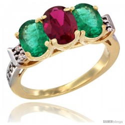 10K Yellow Gold Natural Ruby & Emerald Sides Ring 3-Stone Oval 7x5 mm Diamond Accent