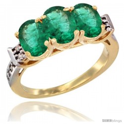 10K Yellow Gold Natural Emerald Ring 3-Stone Oval 7x5 mm Diamond Accent