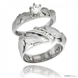 Sterling Silver Cubic Zirconia Engagement Rings Set for Him & Her Round, Brilliant Cut 3/8 in wide