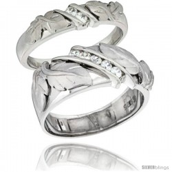 Sterling Silver Cubic Zirconia 2-Piece Wedding Ring Set for Him 9mm 3/8 in wide & Her 5mm 3/16 in wide -Style Agcz615w2