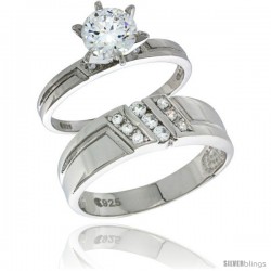 Sterling Silver Cubic Zirconia Engagement Rings Set for Him & Her Round, Brilliant Cut 1/4 in wide