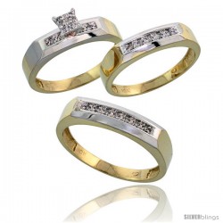 10k Yellow Gold Diamond Trio Engagement Wedding Ring 3-piece Set for Him & Her 5 mm & 4.5 mm, 0.14 cttw Brilliant Cut