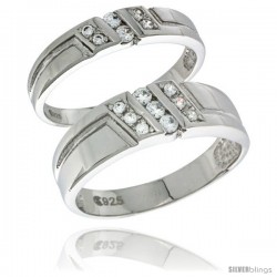 Sterling Silver Cubic Zirconia 2-Piece Wedding Ring Set for Him 6mm 1/4 in wide & Her 4mm 5/32 in wide