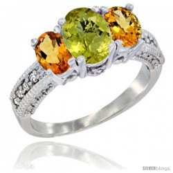 14k White Gold Ladies Oval Natural Lemon Quartz 3-Stone Ring with Citrine Sides Diamond Accent