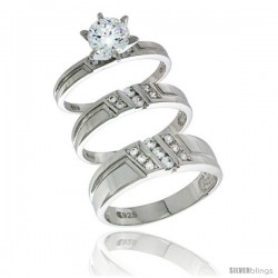 Sterling Silver Cubic Zirconia Trio Engagement Wedding Ring Set for Him & Her, men's band 1/4 in wide, L 5 - 10 & M 8 - 14