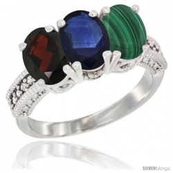 10K White Gold Natural Garnet, Blue Sapphire & Malachite Ring 3-Stone Oval 7x5 mm Diamond Accent