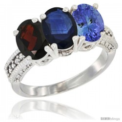 10K White Gold Natural Garnet, Blue Sapphire & Tanzanite Ring 3-Stone Oval 7x5 mm Diamond Accent