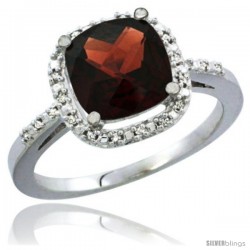 10K White Gold Natural Garnet Ring Cushion-cut 8x8 Stone Diamond Accent