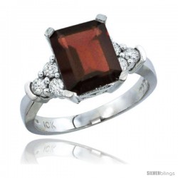 10K White Gold Natural Garnet Ring Emerald-shape 9x7 Stone Diamond Accent