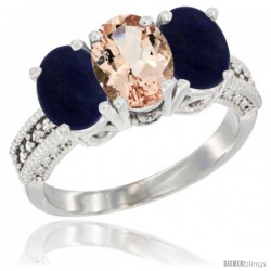 14K White Gold Natural Morganite Ring with Lapis 3-Stone 7x5 mm Oval Diamond Accent