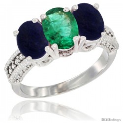 14K White Gold Natural Emerald Ring with Lapis 3-Stone 7x5 mm Oval Diamond Accent