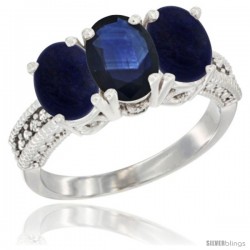 14K White Gold Natural Blue Sapphire Ring with Lapis 3-Stone 7x5 mm Oval Diamond Accent