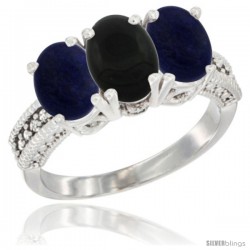 14K White Gold Natural Black Onyx Ring with Lapis 3-Stone 7x5 mm Oval Diamond Accent