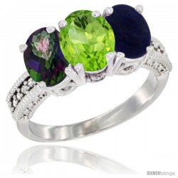 14K White Gold Natural Mystic Topaz, Peridot & Lapis Ring 3-Stone 7x5 mm Oval Diamond Accent