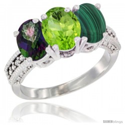 14K White Gold Natural Mystic Topaz, Peridot & Malachite Ring 3-Stone 7x5 mm Oval Diamond Accent