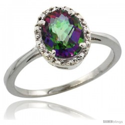 14k White Gold Diamond Halo Mystic Topaz Ring 1.2 ct Oval Stone 8x6 mm, 1/2 in wide