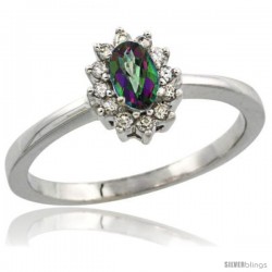 14k White Gold Diamond Halo Mystic Topaz Ring 0.25 ct Oval Stone 5x3 mm, 5/16 in wide