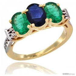 10K Yellow Gold Natural Blue Sapphire & Emerald Sides Ring 3-Stone Oval 7x5 mm Diamond Accent